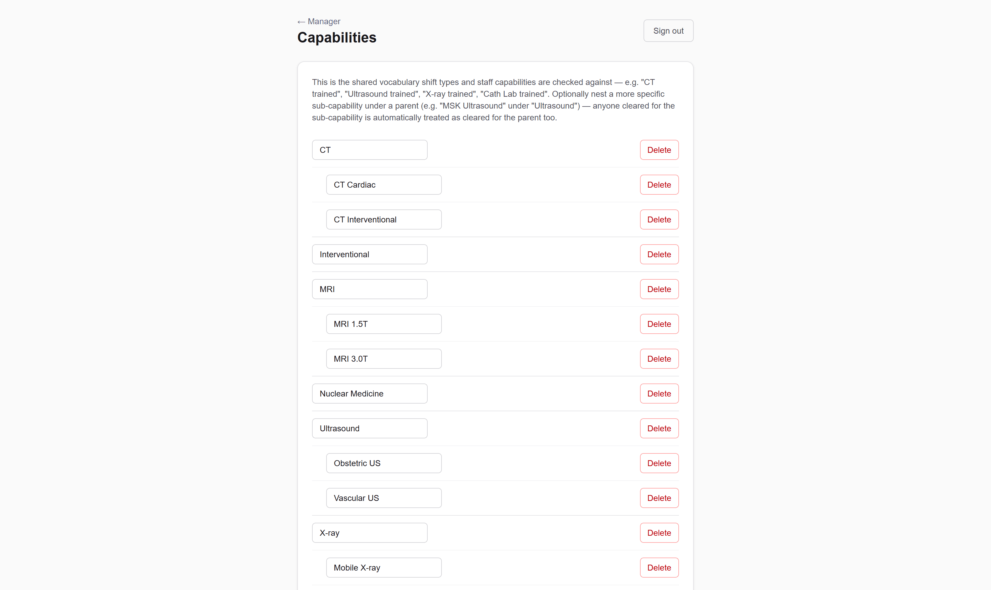 The capabilities screen listing CT, MRI, Ultrasound, X-ray, Nuclear Medicine and Interventional, each with its nested sub-capabilities such as MRI 3.0T and MRI 1.5T.