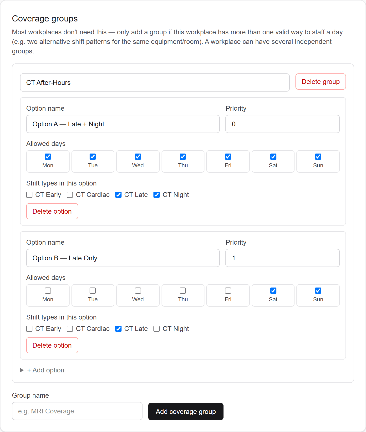The coverage groups panel for Northbridge CT, showing a group named CT After-Hours with Option A (Late + Night) at priority 0 and Option B (Late Only) restricted to Saturday and Sunday.
