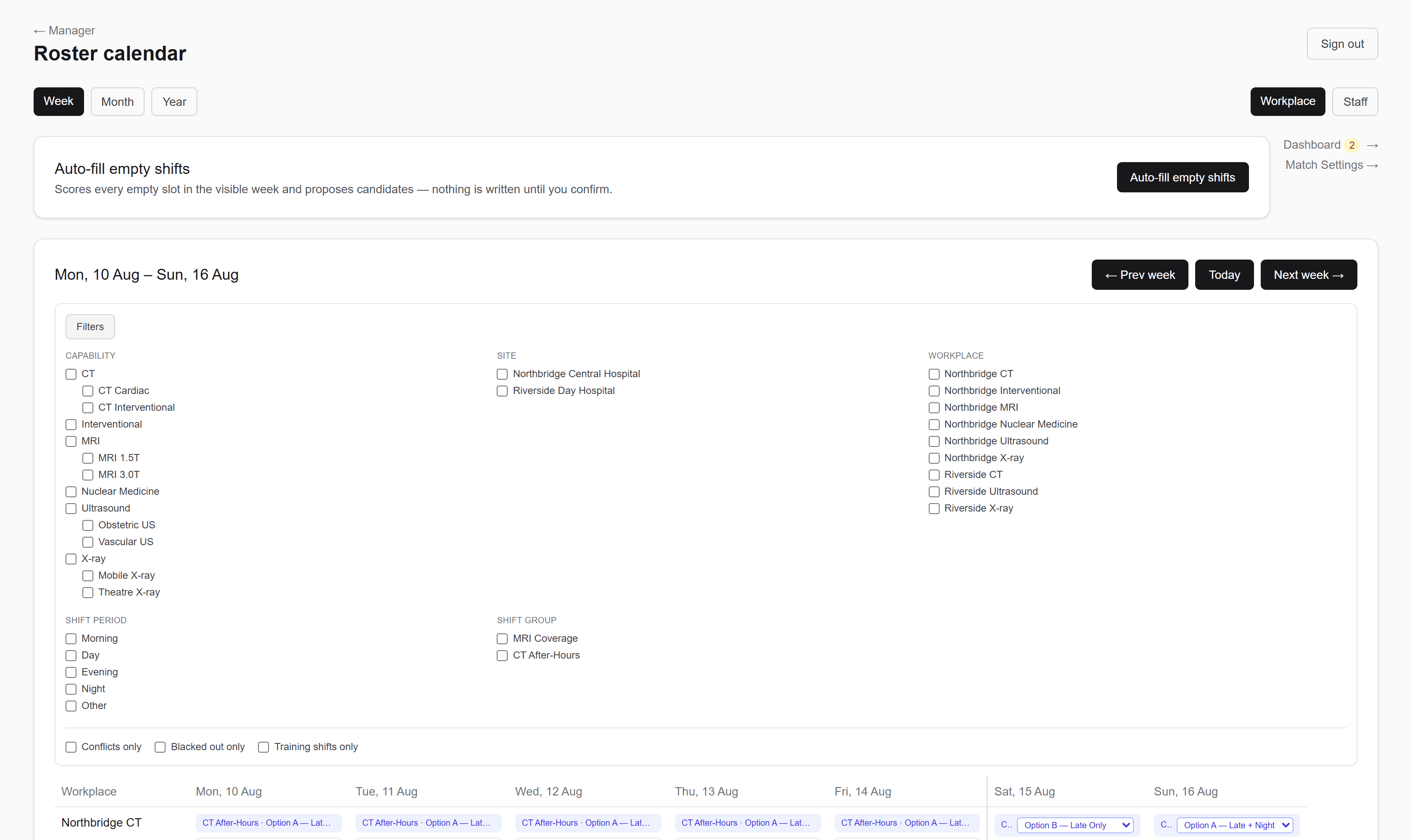 The roster filter bar expanded, showing pickers for site, workplace, capability, shift period and staff member alongside toggles for conflicts, blackouts and training shifts.