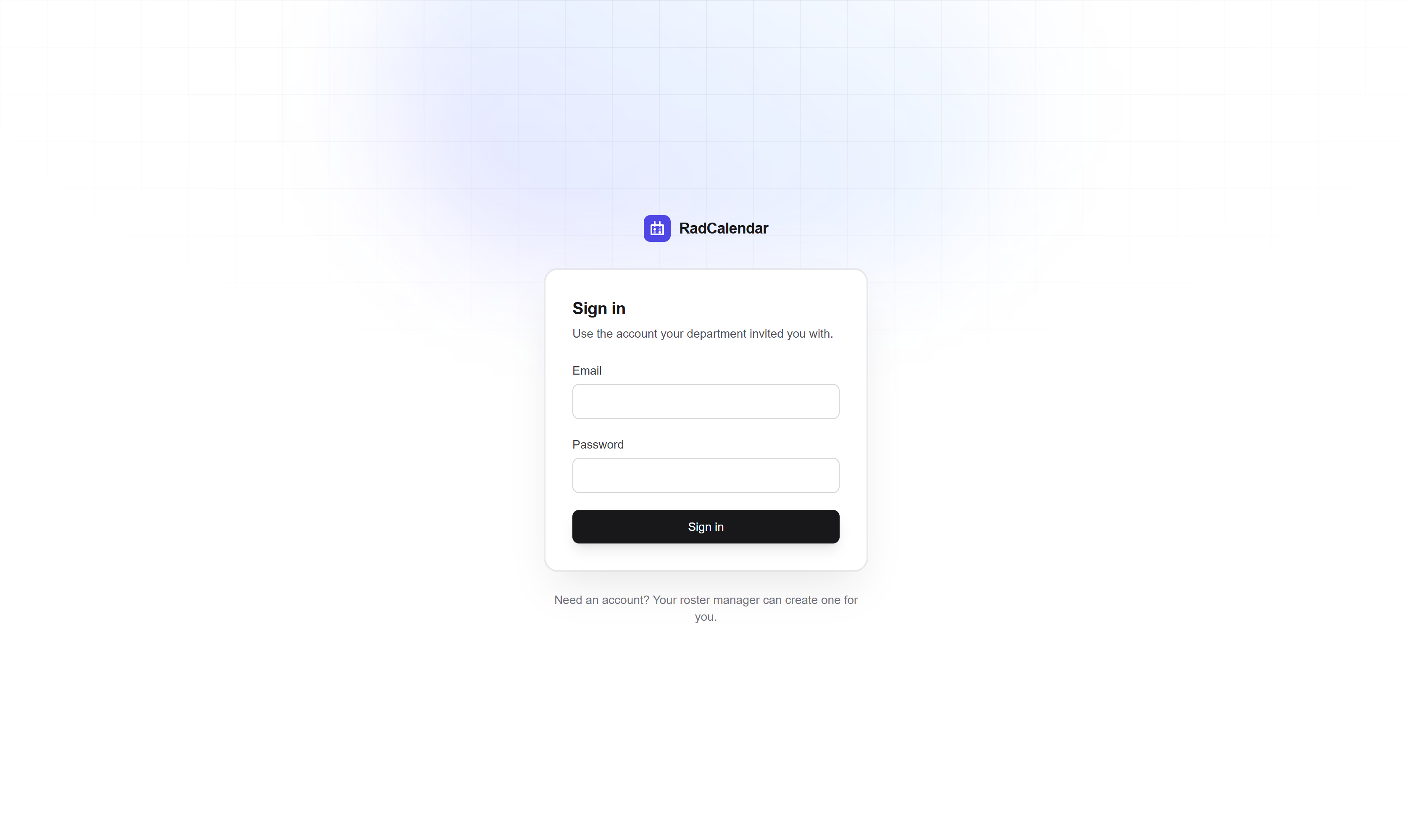 The RadCalendar sign-in screen, with email and password fields on a card over a soft gradient background.