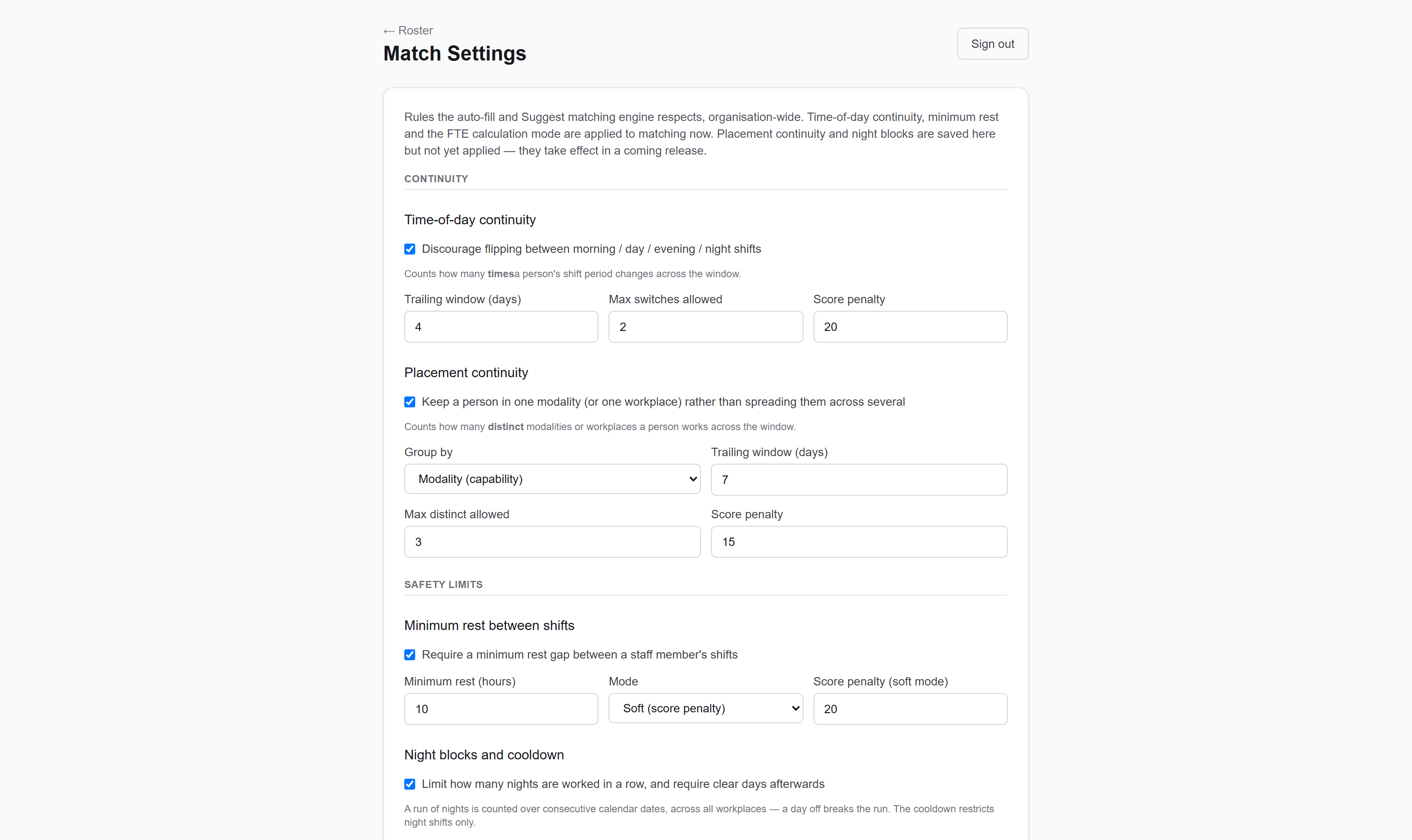 The Match Settings panel showing continuity, safety-limit and workload rules, each with its own window, threshold, mode and score penalty.