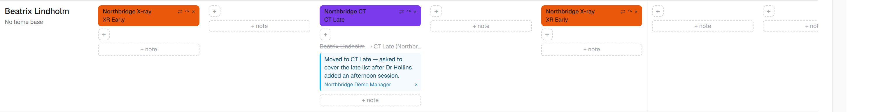 One person's week in Staff view. Wednesday shows a struck-through chip reading 'Beatrix Lindholm → CT Late', the new CT Late assignment above it, and a note giving the reason for the move.
