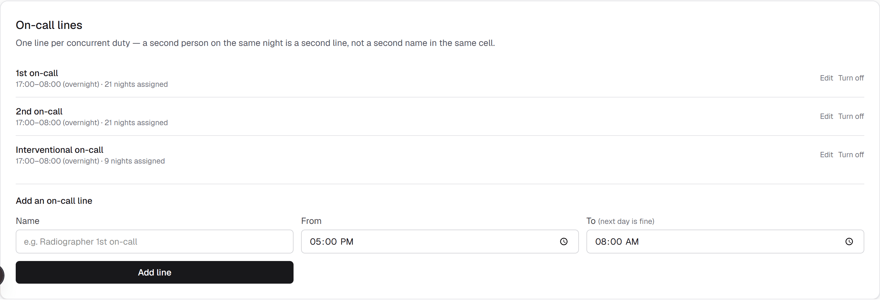The on-call lines configuration panel listing the three lines with their hours, each with controls to rename, reorder and deactivate.