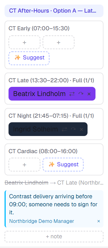 A single roster cell for Northbridge CT, showing its shift rows above a blue note reading 'Contrast delivery arriving before 09:00; someone needs to sign for it.' attributed to the Northbridge Demo Manager, with an add-note control beneath.
