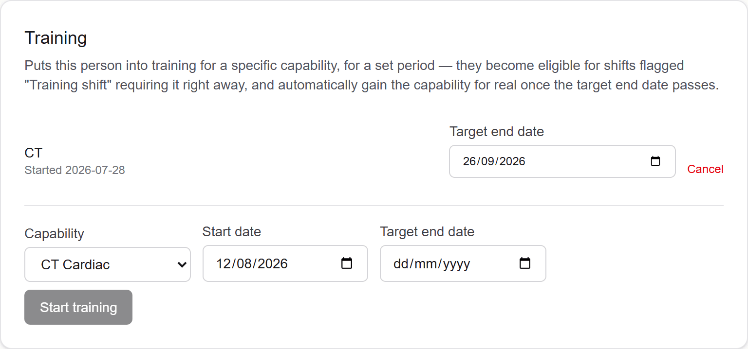 The training section of a staff card showing an active CT training assignment with a target end date, above a form to start a new one.